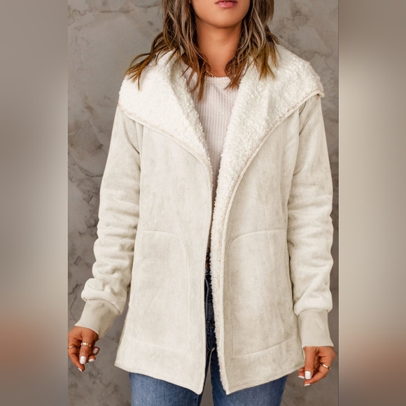 Open Front Long Sleeve Sherpa Jacket with Pockets - Picture 4 of 4